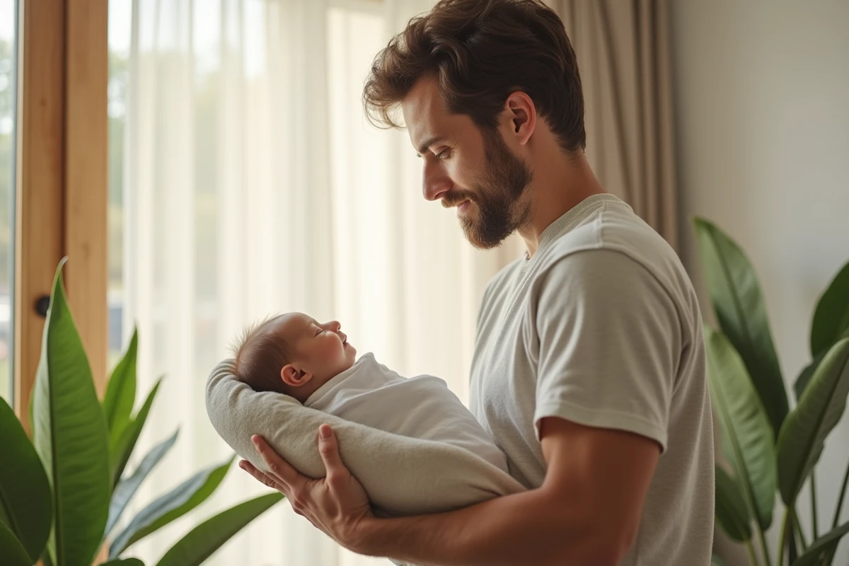 Pere tenant tendrement son bebe dans un salon lumineux
