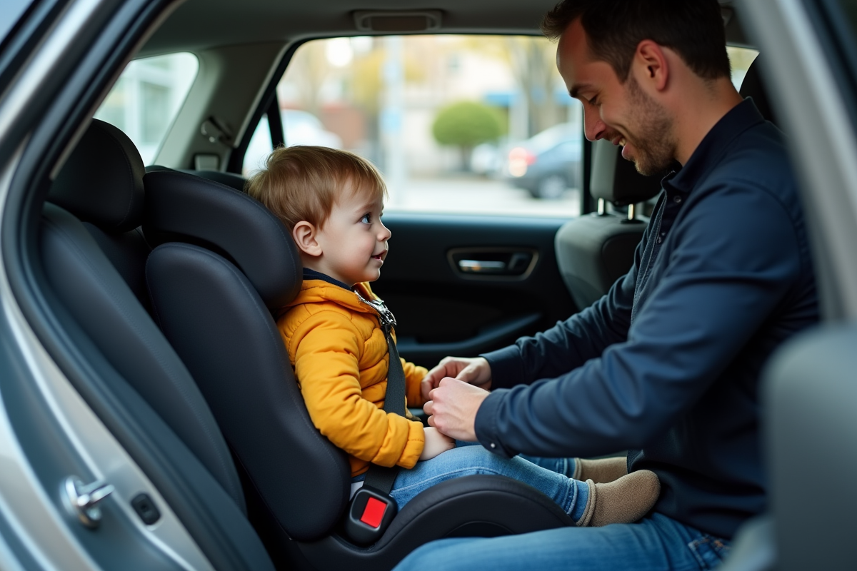 Pere attachant en toute securite son bebe en voiture