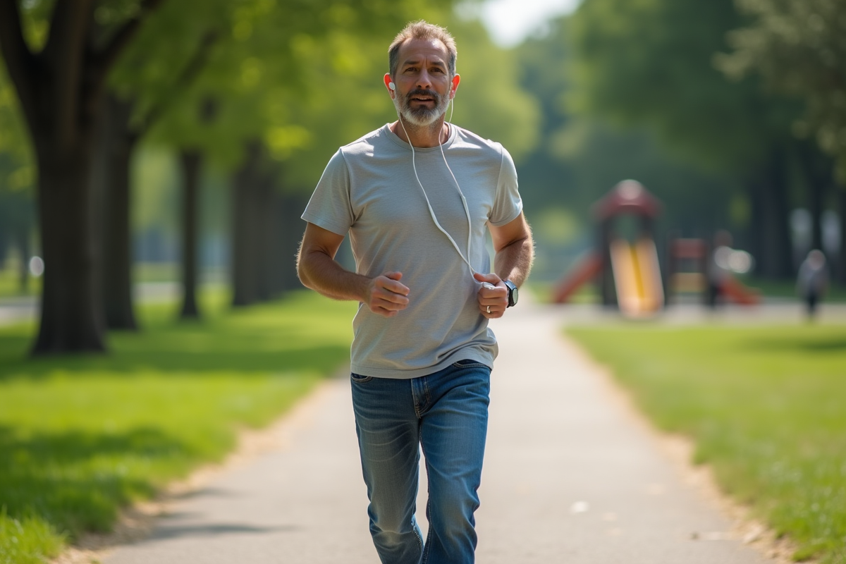Pere courant dans un parc verdoyant en ville