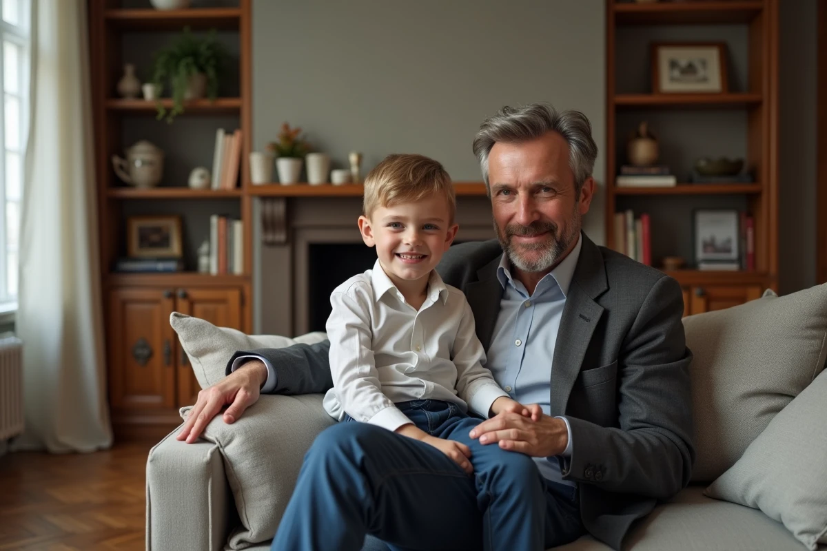 Père et jeune garçon dans un salon chaleureux