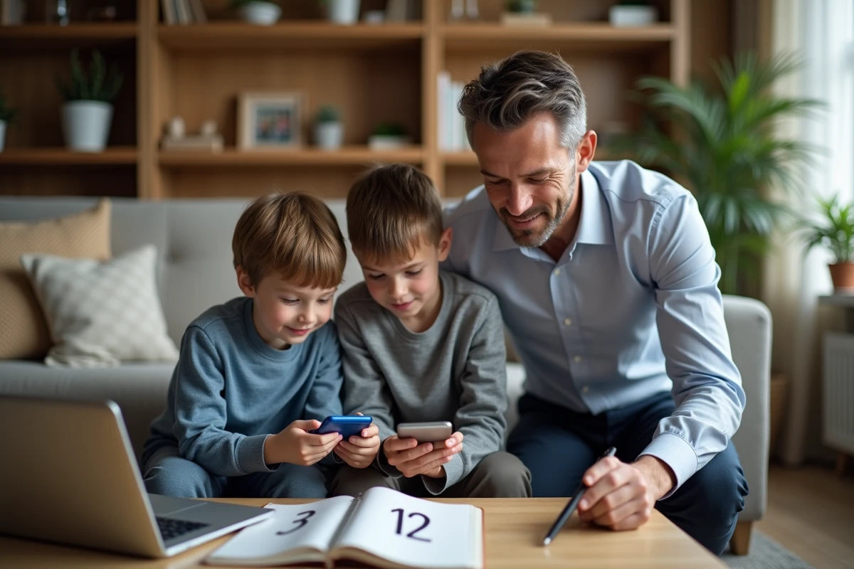 Pere avec ses enfants discutant autour d