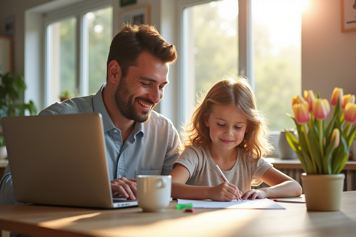 Père souriant travaillant sur un ordinateur portable avec sa fille à côté