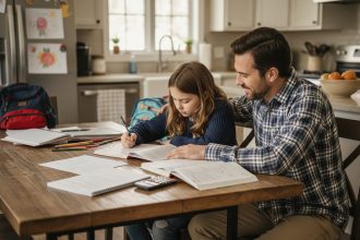 Père et fille faisant leurs devoirs dans la cuisine familiale