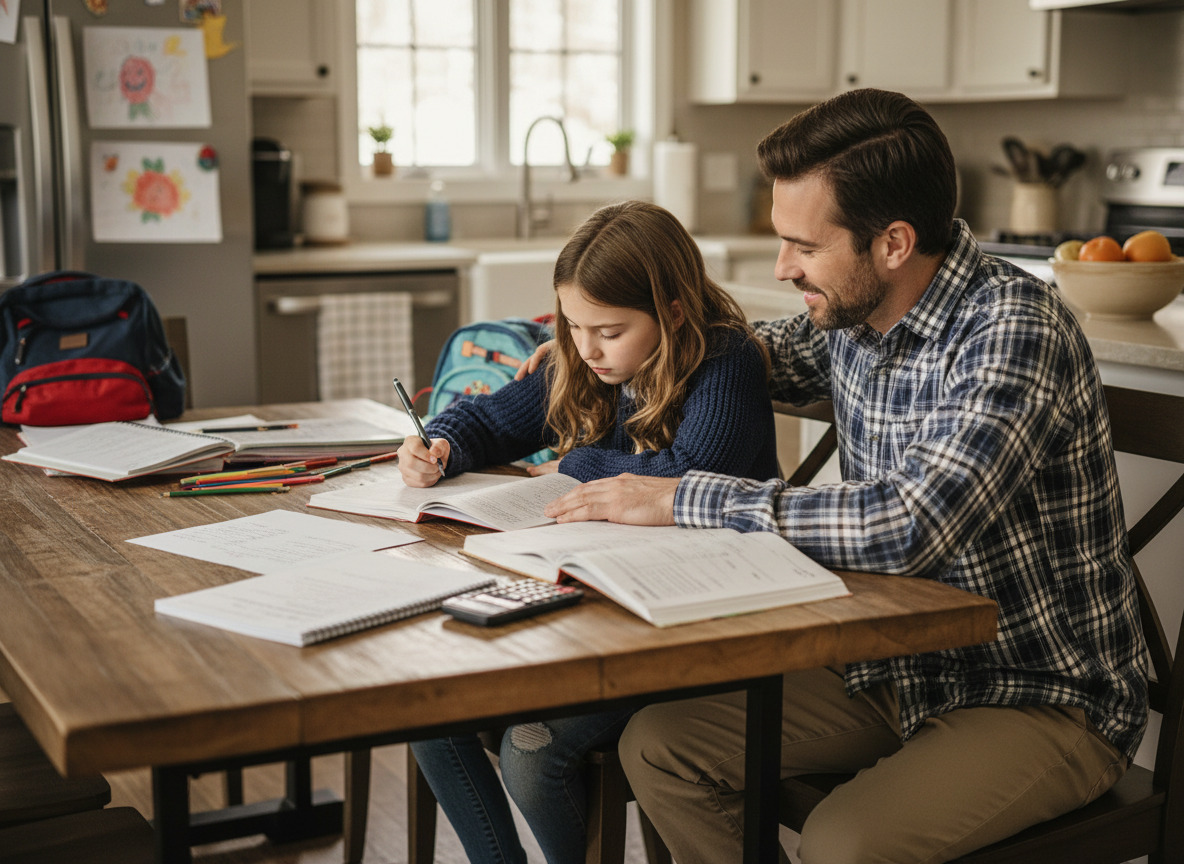 Père et fille faisant leurs devoirs dans la cuisine familiale