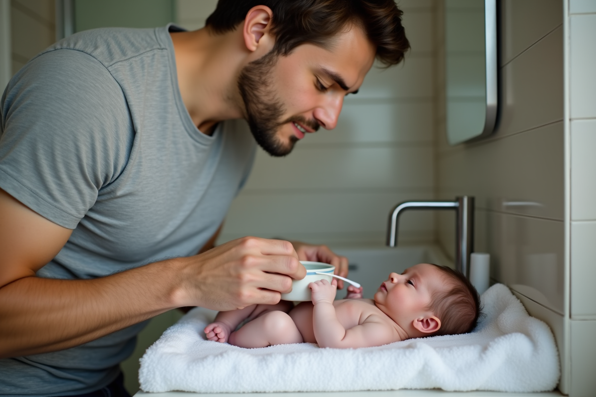 Papa prépare le nettoyage du nombril de sa fille