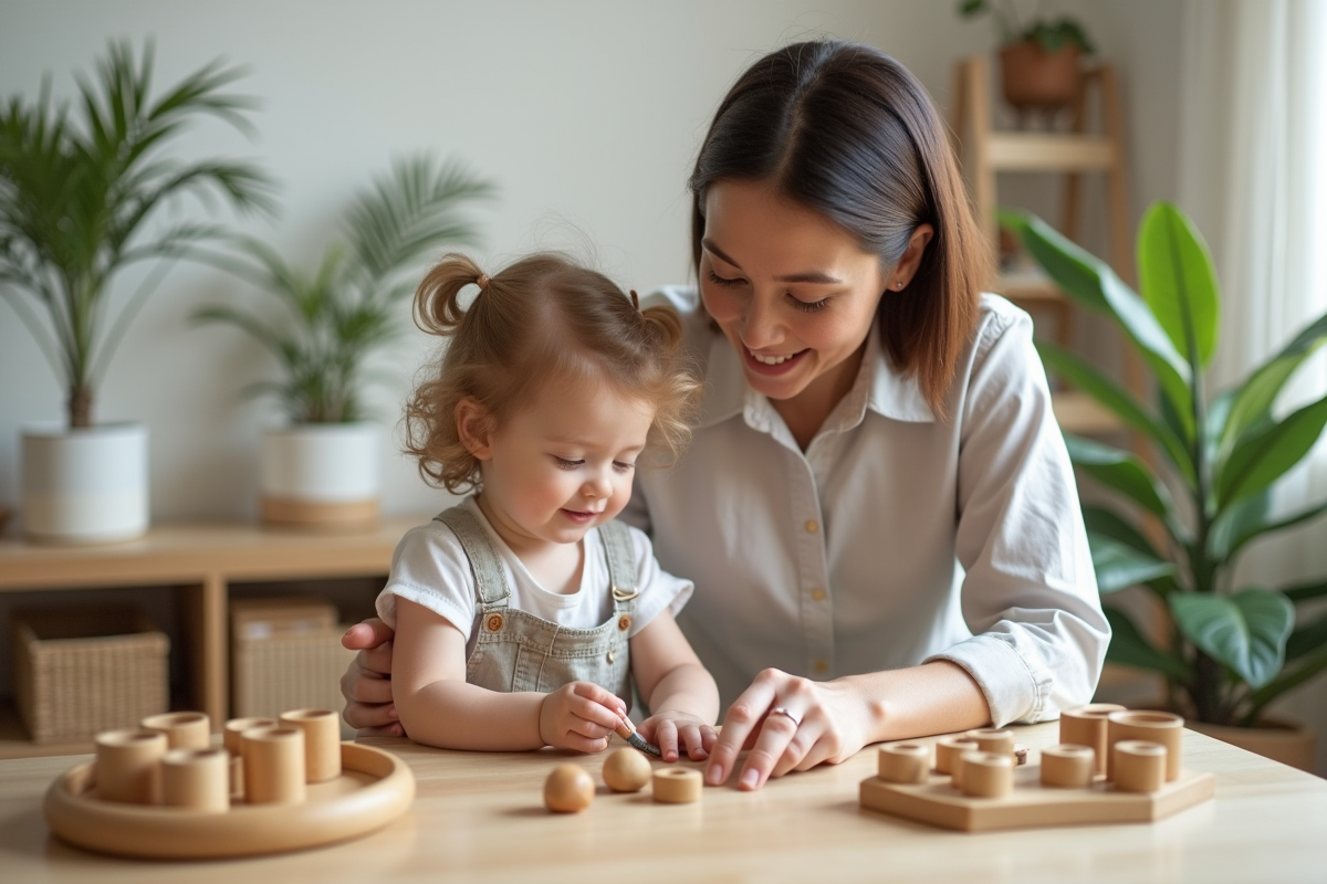 Parent et enfant utilisant des materiaux Montessori à la maison