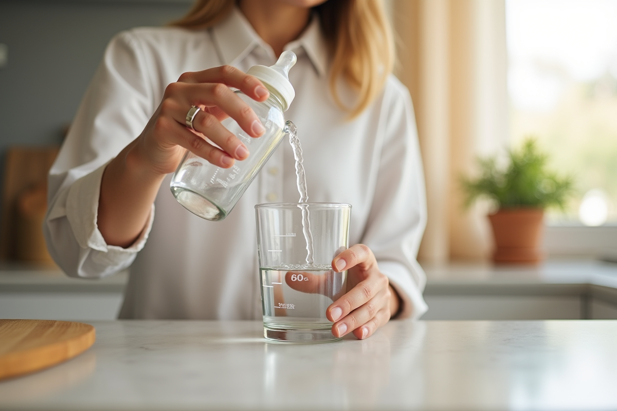 Parent versant de l'eau dans un biberon avec mesure