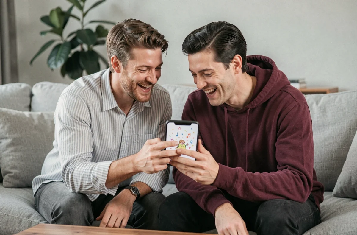 Deux amis regardant ensemble une carte anniversaire animée musicale sur smartphone dans un salon moderne