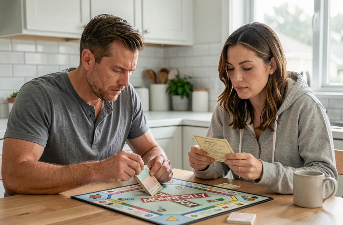 Deux adultes concentrés sur une partie de Monopoly en comptant les billets et en lisant les cartes de propriété
