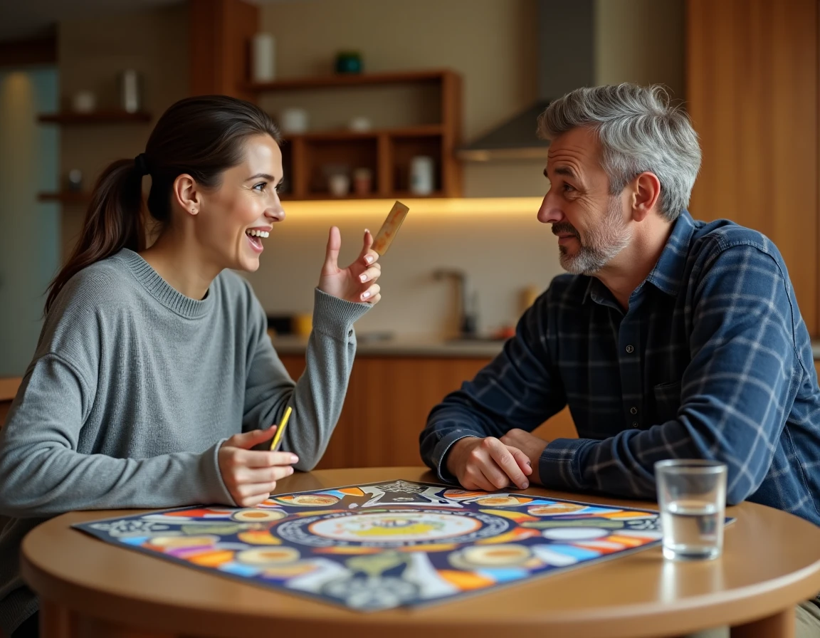 Deux adultes jouant au Trivial Pursuit autour d'une table, avec le plateau et les camemberts visibles entre eux