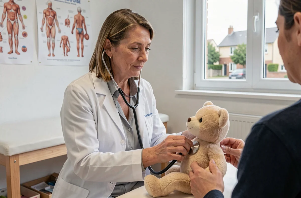 Femme pédiatre expliquant un soin à l'aide d'une peluche dans un cabinet médical du Val-d'Oise, posture pédagogique et rassurante