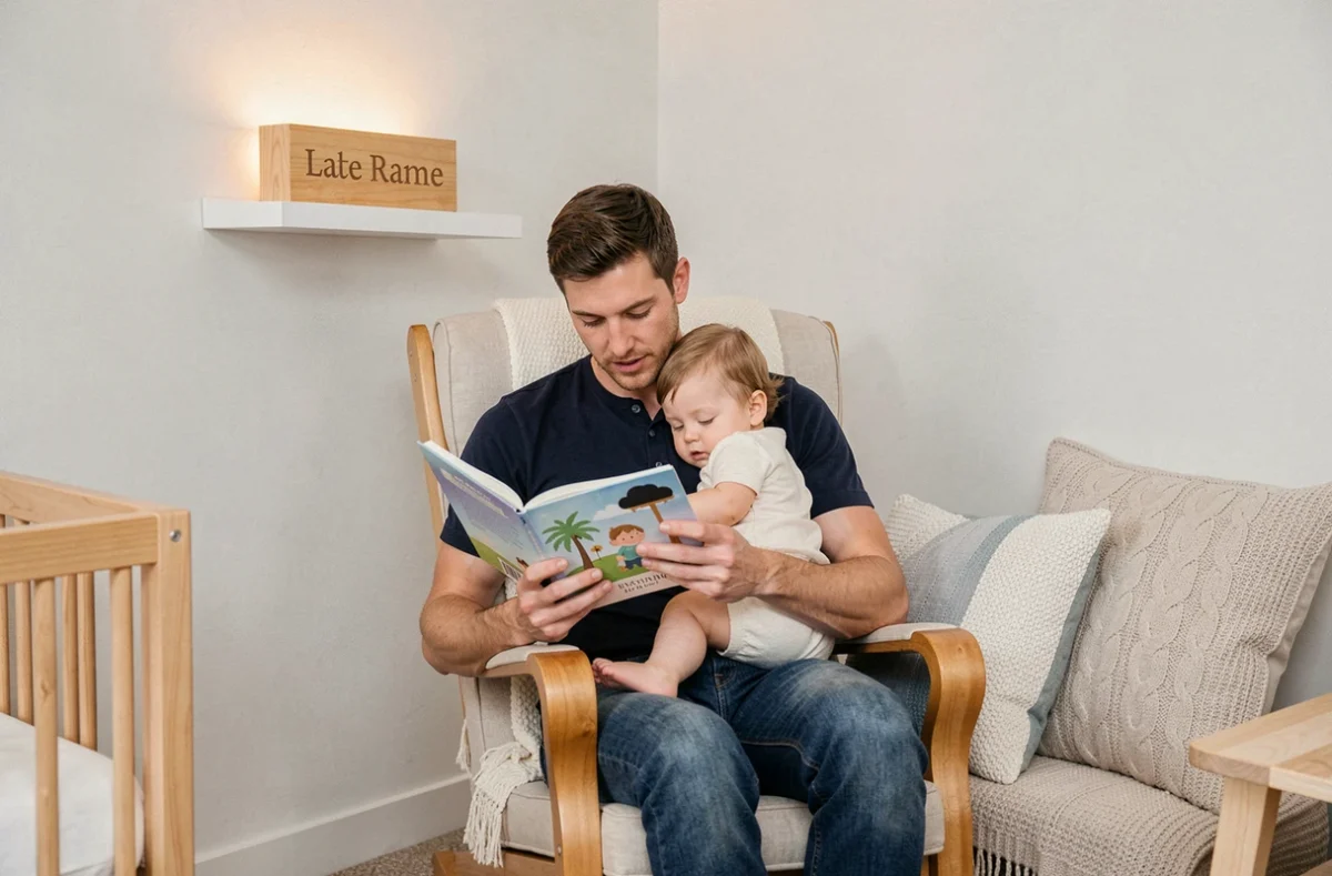 Père lisant une histoire à son enfant dans un rocking chair avec une veilleuse en bois personnalisée gravée du prénom posée sur une étagère murale en arrière-plan