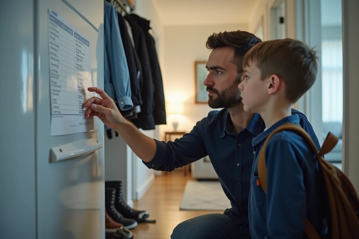 Père séparé expliquant le planning des vacances scolaires 2026 à son enfant devant un calendrier familial