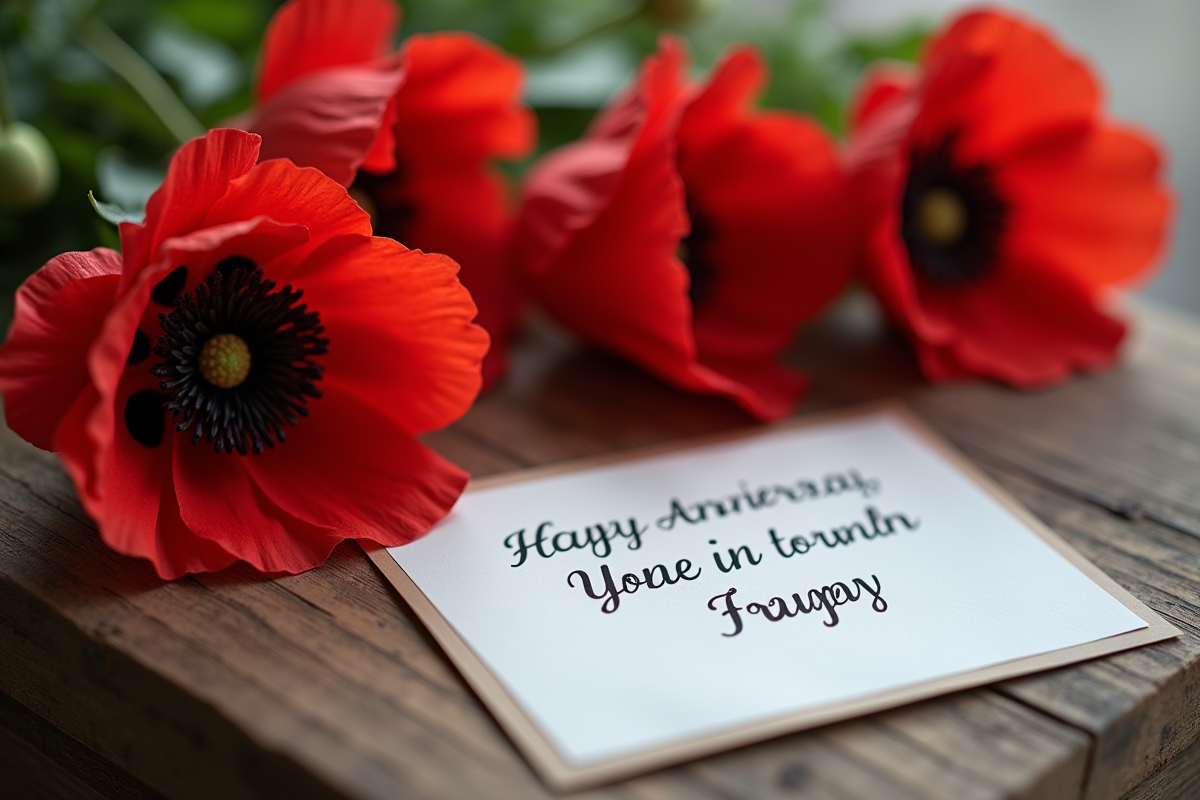 Arrangement de pavots rouges et carte d anniversaire sur bois
