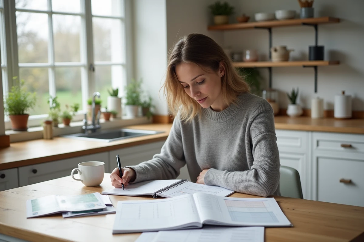 Jeune femme planifiant le budget éducation Montessori de son enfant avec des catalogues et un carnet de notes sur une table de cuisine nordique