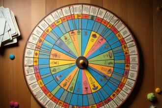 Plateau de Trivial Pursuit vu du dessus sur une table en chêne, montrant les cases colorées et les segments du camembert