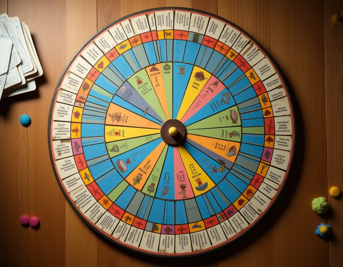 Plateau de Trivial Pursuit vu du dessus sur une table en chêne, montrant les cases colorées et les segments du camembert