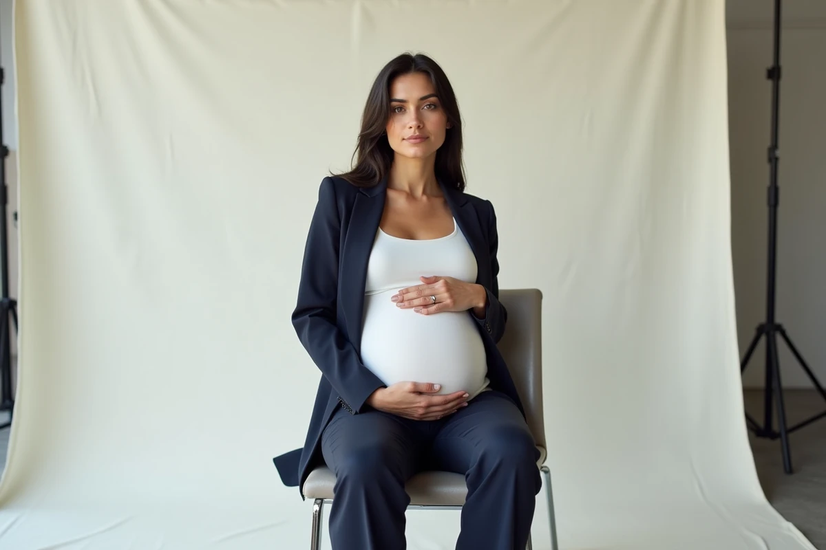 Portrait professionnel d'une femme enceinte en blazer marine, assise en studio, regard confiant vers l'objectif