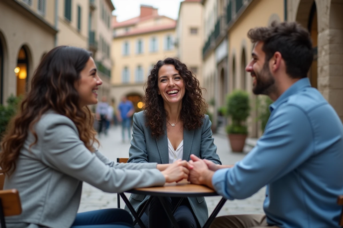 Groupe de jeunes adultes aux origines diverses discutant autour d'une table de café dans une place européenne, illustrant le caractère international du prénom Sacha