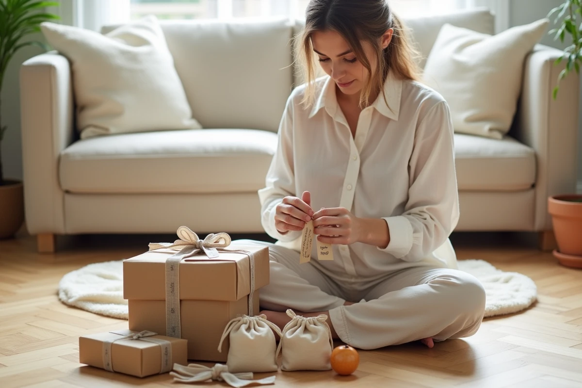 Jeune femme préparant un cadeau de naissance unique et élégant pour des jumeaux avec emballage kraft et étiquettes personnalisées sur un parquet en chêne clair