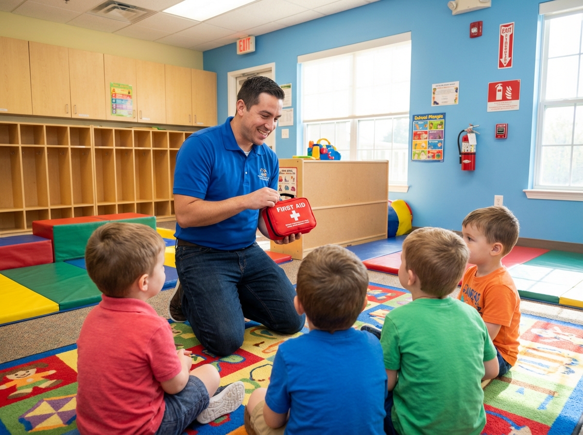 Instructeur montrant une trousse de premiers secours aux enfants