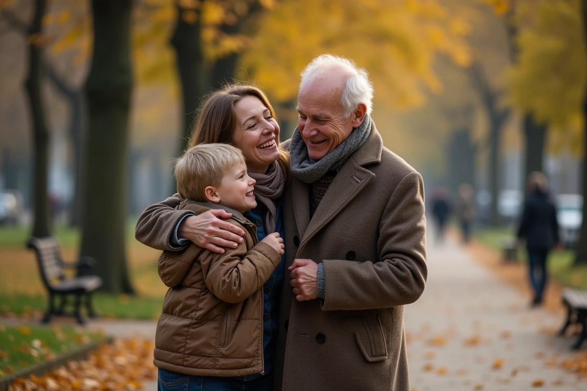 Famille en promenade dans un parc automnal en riant
