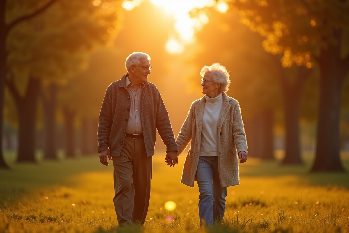 Vieux couple marchant main dans la main dans un parc en fin d
