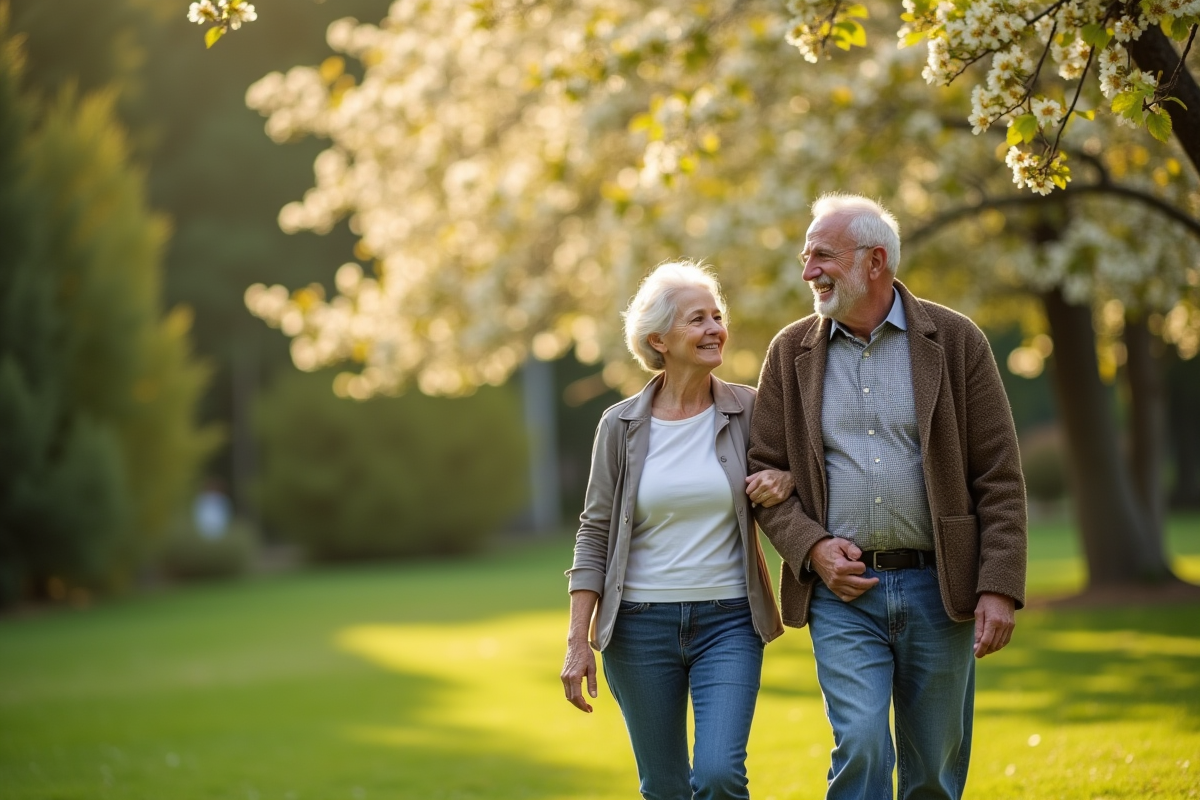 Couple senior marchant dans un parc vert en matinée