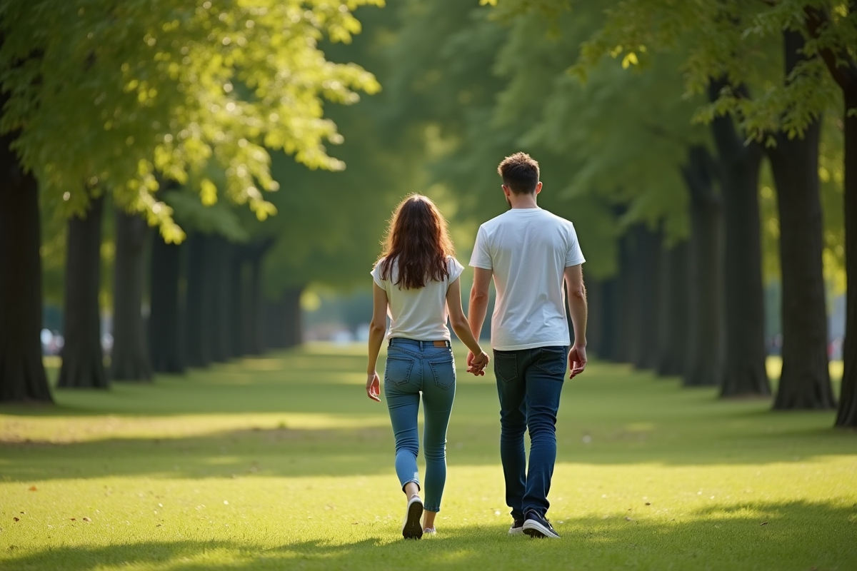 Homme et femme marchant dans un parc lumineux