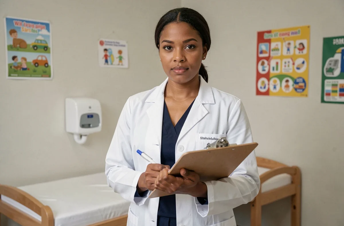 Femme pédiatre professionnelle avec clipboard dans son cabinet médical à Sarcelles, expression confiante et bienveillante