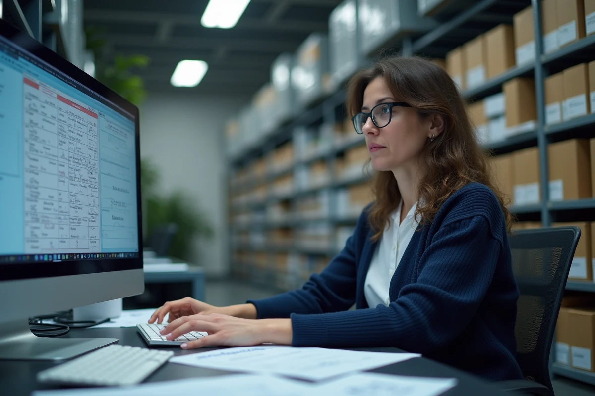 Une femme effectue des recherches généalogiques dans des archives municipales pour retrouver un ancien nom de famille ancestral