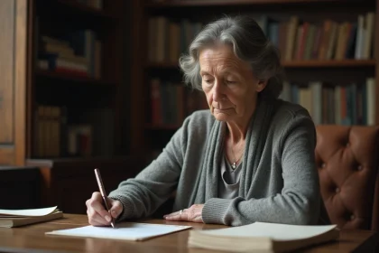 Femme rédigeant une lettre de condoléances à la main sur un bureau en bois avec une plume et une enveloppe