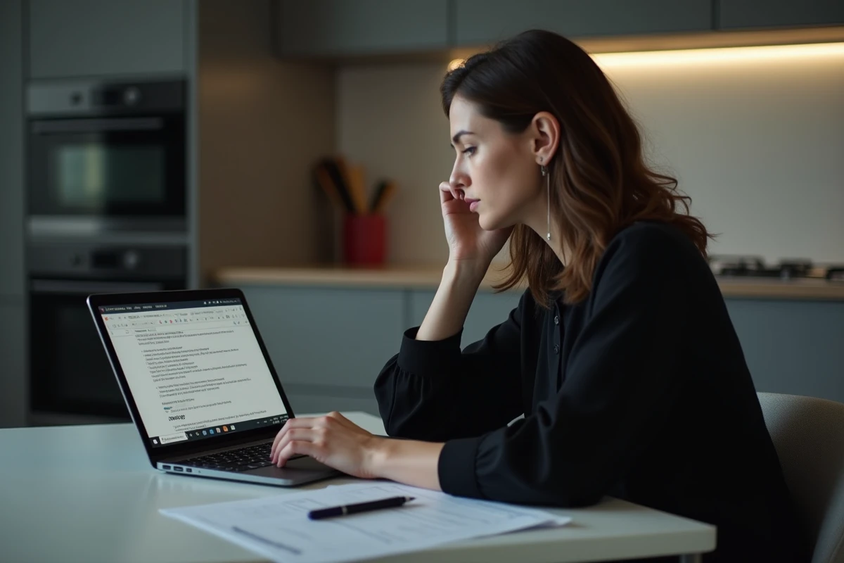 Femme rédigeant une lettre de condoléances en ligne sur ordinateur portable avec un modèle imprimé