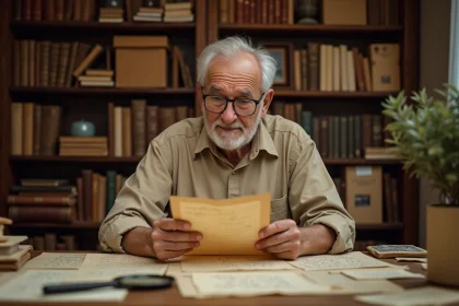 Un homme âgé examine un document généalogique ancien et des photographies de famille pour retrouver un nom de famille oublié