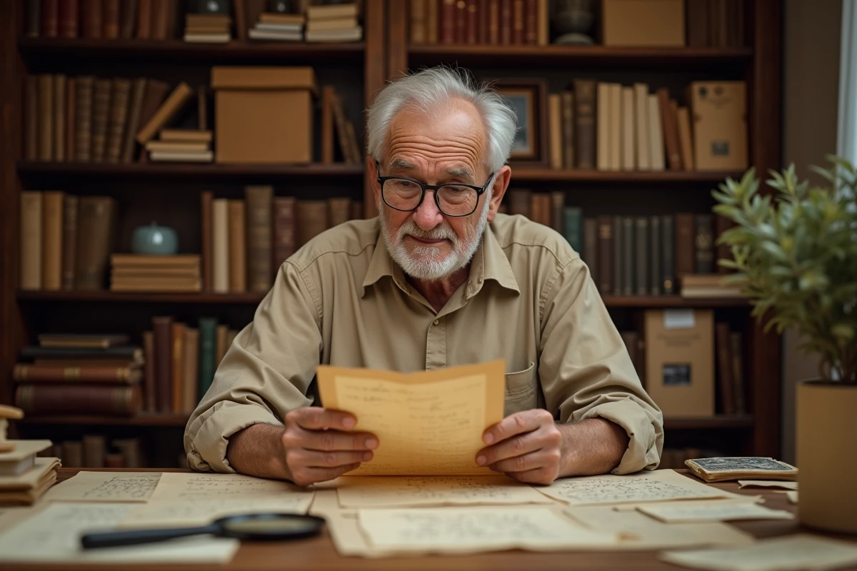Un homme âgé examine un document généalogique ancien et des photographies de famille pour retrouver un nom de famille oublié