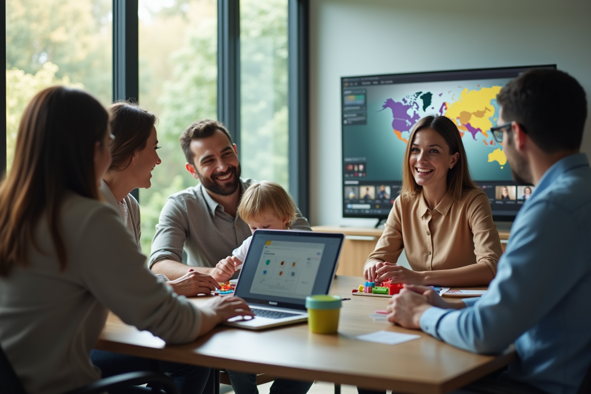 Réunion en bureau moderne avec femme en télétravail et jouets enfants