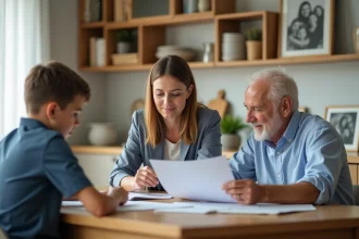 Famille réunie autour de documents dans une cuisine lumineuse
