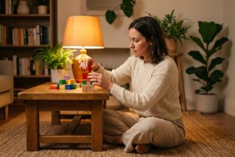 Jeune femme assemblant des blocs de construction en bois dans un salon cosy le soir, rituel calme et apaisant