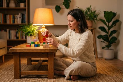Jeune femme assemblant des blocs de construction en bois dans un salon cosy le soir, rituel calme et apaisant