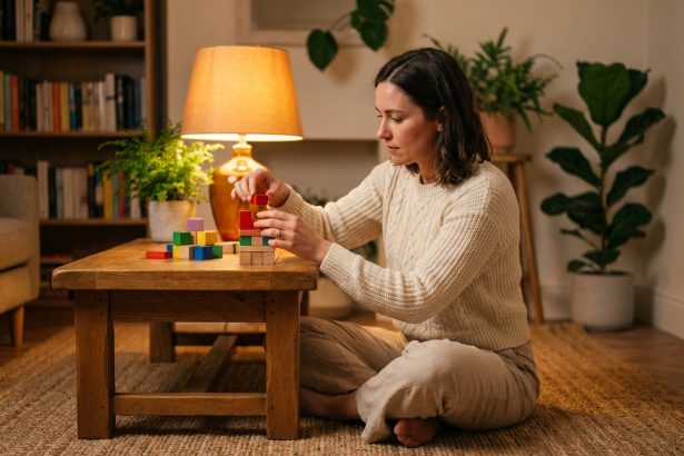 Jeune femme assemblant des blocs de construction en bois dans un salon cosy le soir, rituel calme et apaisant