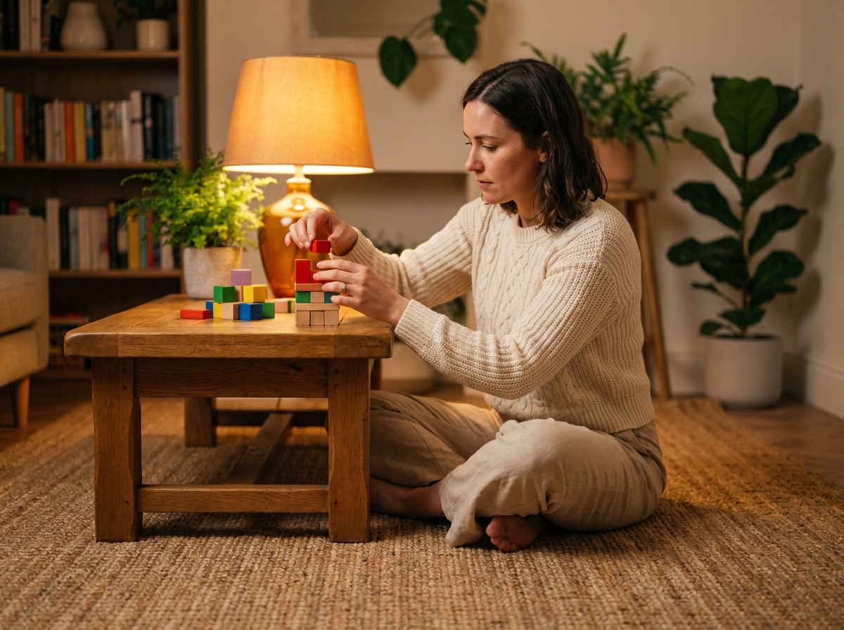 Jeune femme assemblant des blocs de construction en bois dans un salon cosy le soir, rituel calme et apaisant