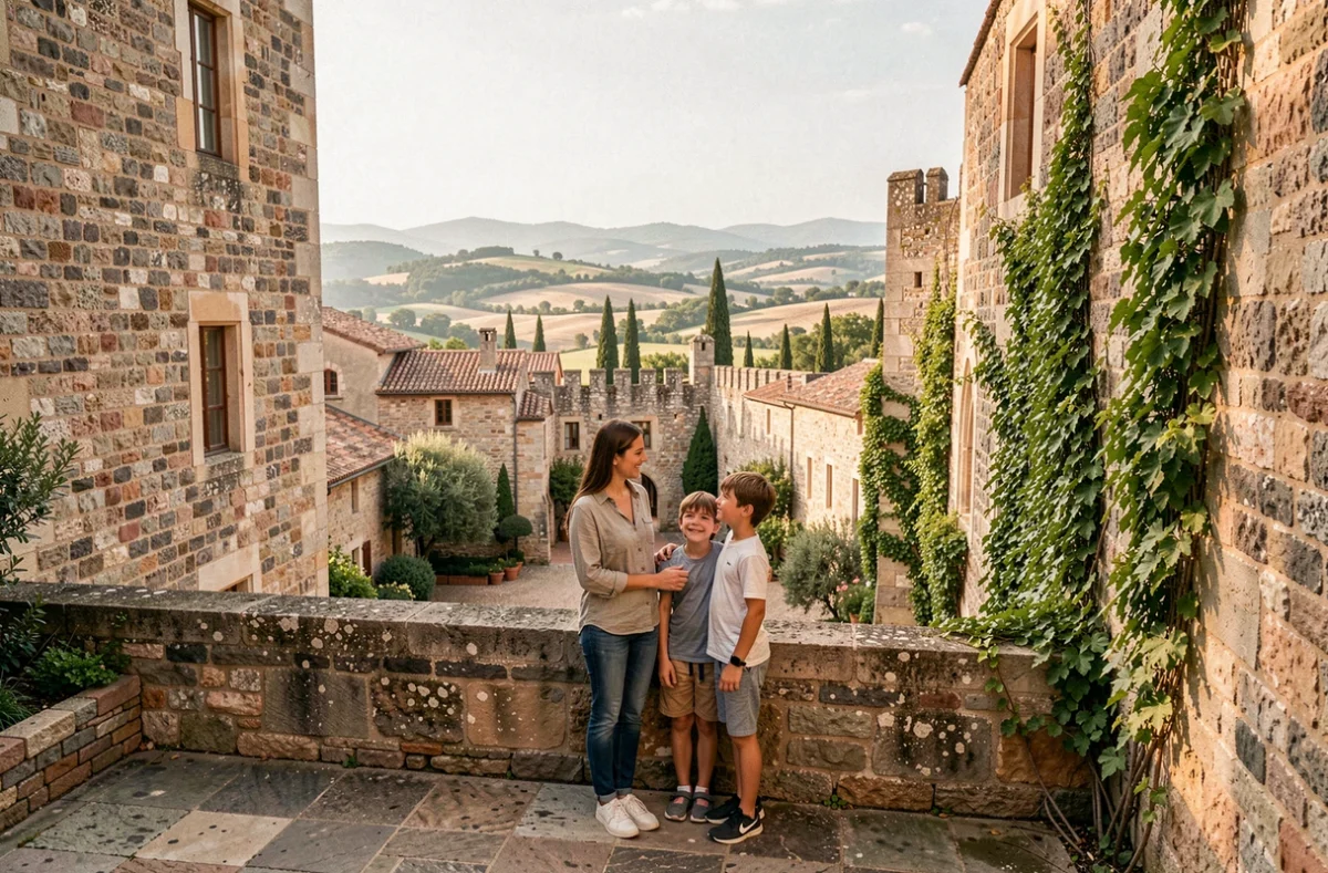 Famille découvrant le château et le paysage provençal au Rocher Mistral à La Barben