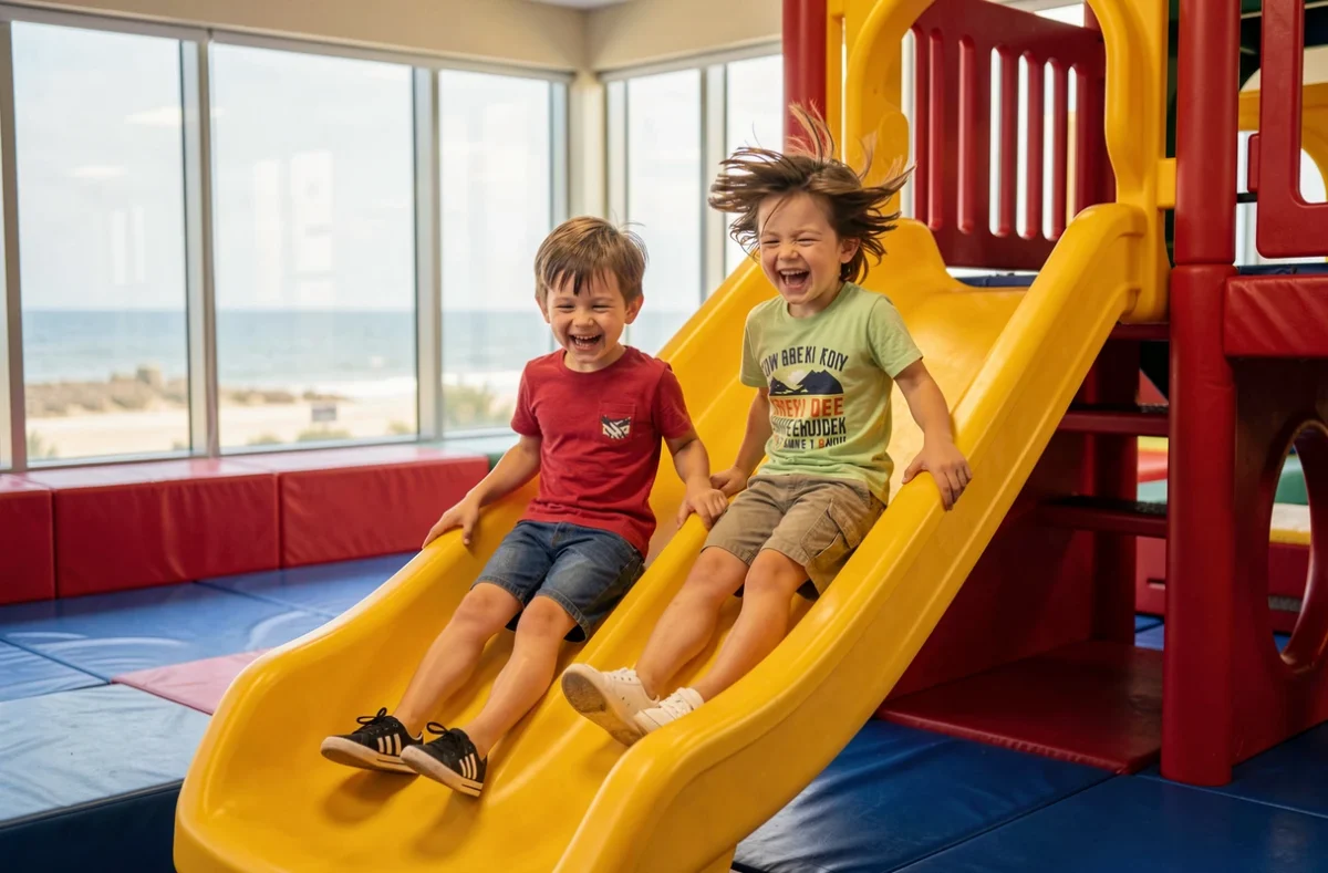 Enfants dévalant un toboggan coloré au Royal Kids de Saint-Brevin-les-Pins en Loire-Atlantique