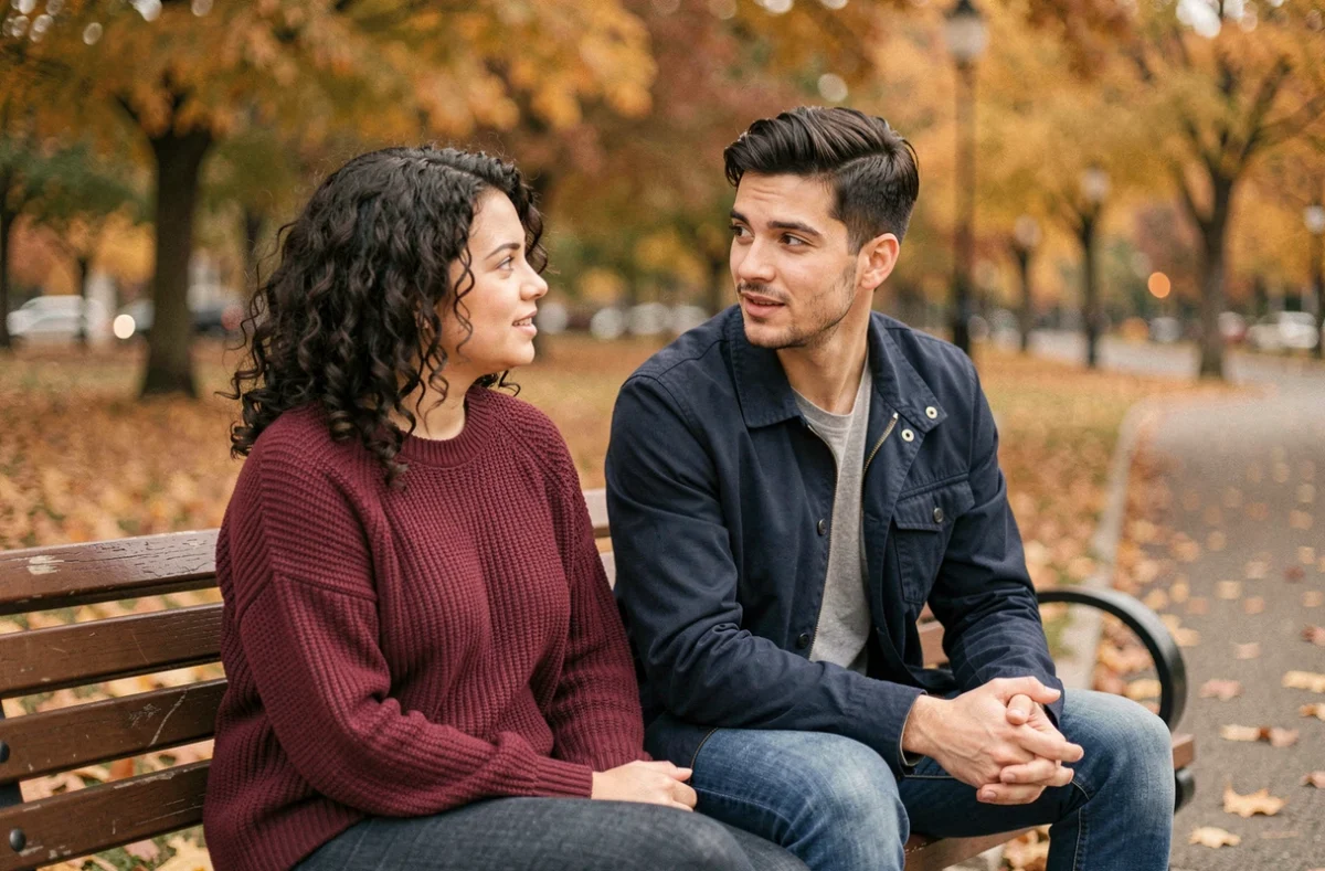 Couple de jeunes adultes discutant naturellement sur un banc de parc en automne, illustrant les confirmations et spéculations autour de la relation amoureuse de Rym Ben Ameur