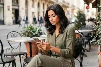 Jeune femme nord-africaine consultée son smartphone à une terrasse de café parisienne, illustrant les rumeurs et spéculations autour de la vie amoureuse de Rym Ben Ameur