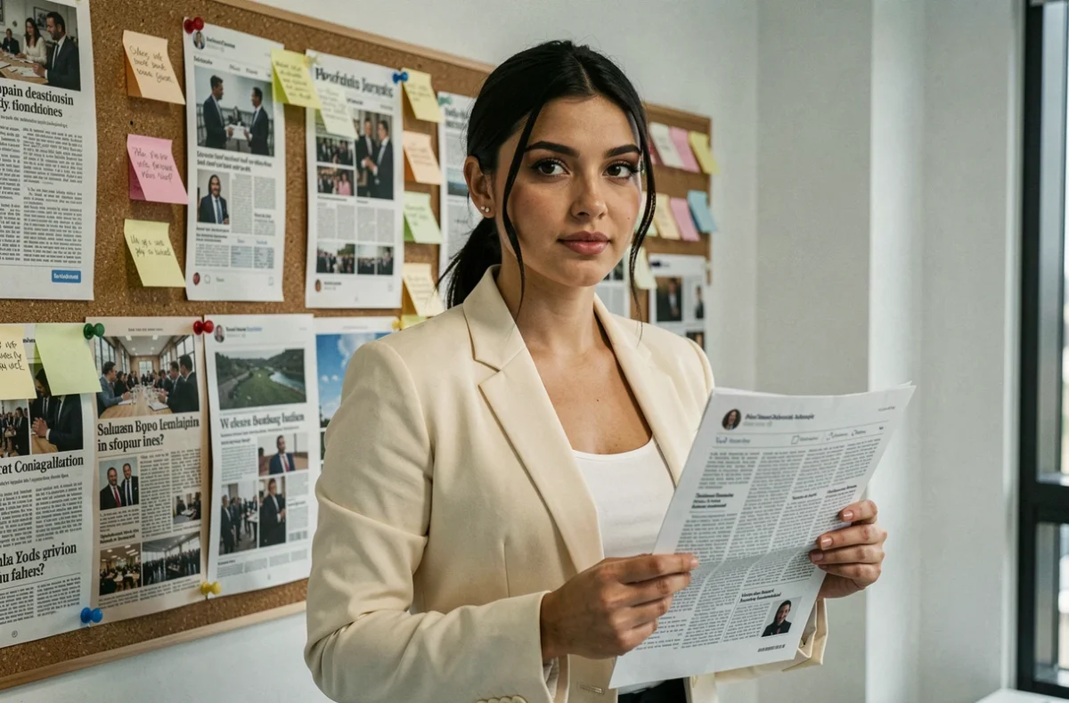 Femme tenant un article de presse devant un tableau d'investigation journalistique, symbolisant la vérification des rumeurs et fausses informations sur le couple de Rym Ben Ameur