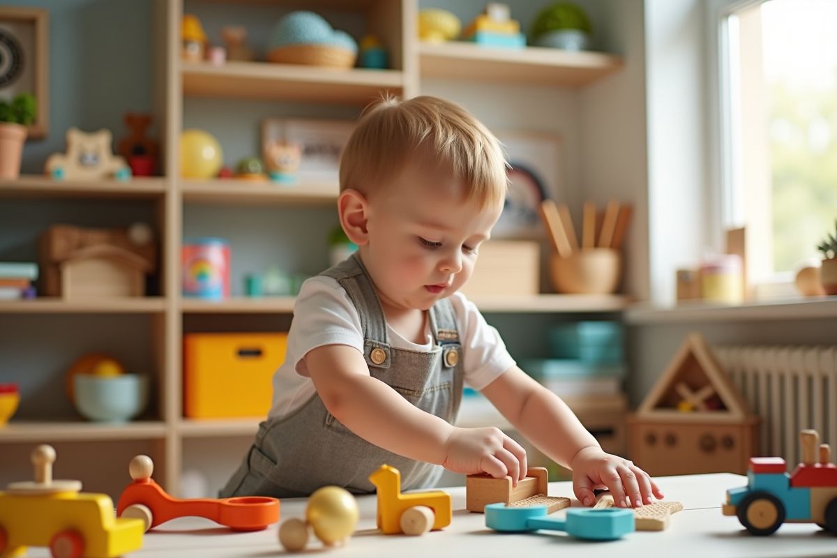 Enfant organisant des jouets colorés dans une salle lumineuse