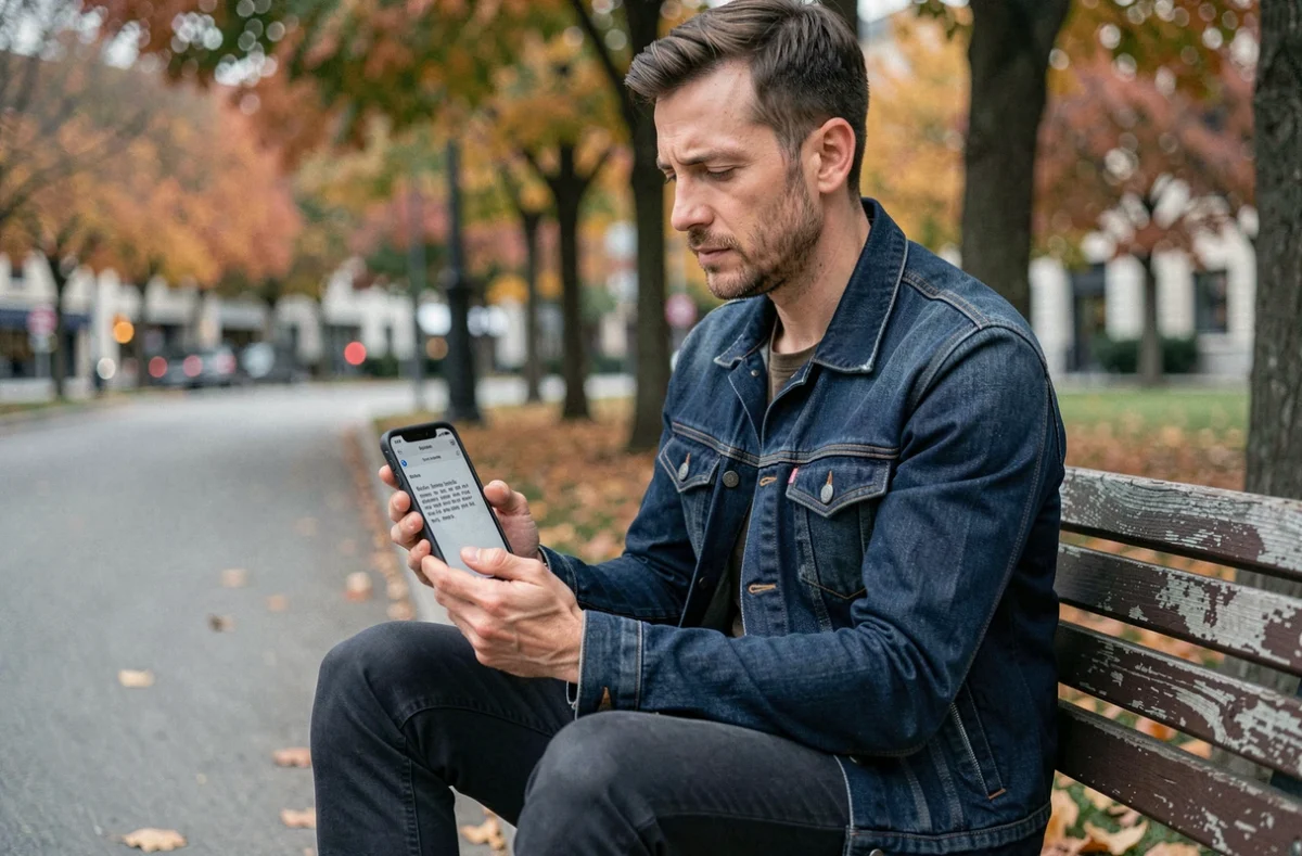 Homme assis sur un banc de parc lisant un SMS classique d'anniversaire sur son téléphone