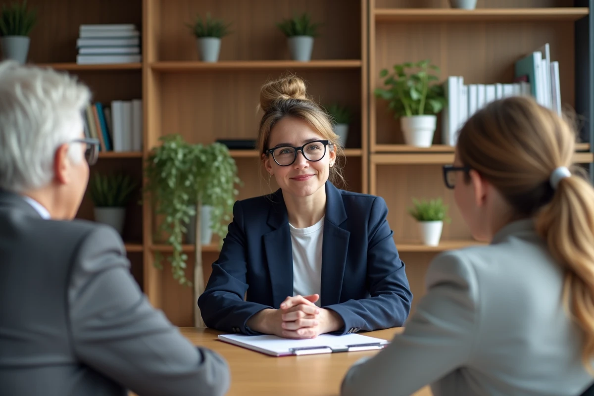 Travailleur social rencontrant une famille dans un bureau accueillant