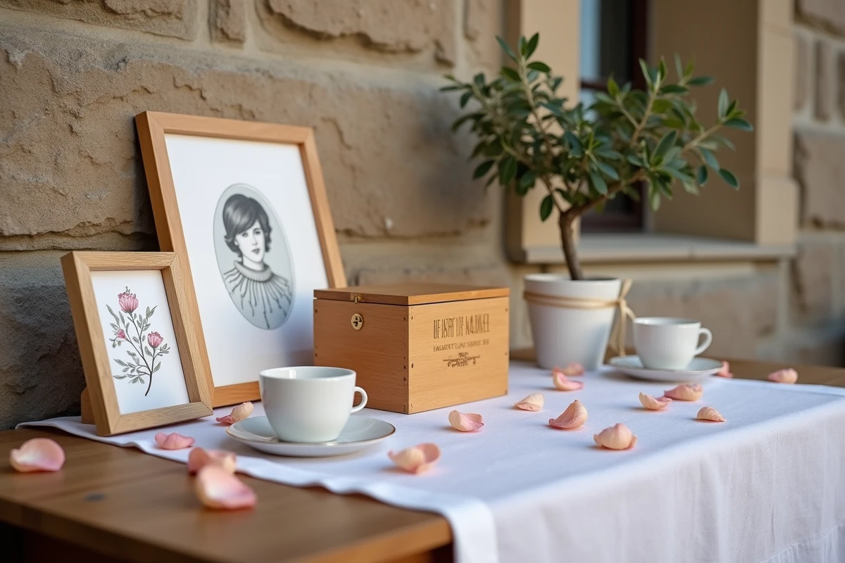 Table de cadeaux de baptême originaux devant un mur en pierre avec portrait personnalisé, boîte à souvenirs et olivier symbolique